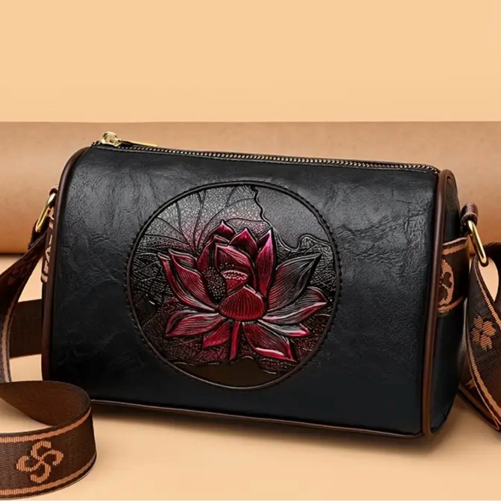 New - Unique -Faux Leather - Vintage - Floral Embossed Square Boston Pillow Bag